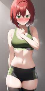 girl, very short red hair, green eyes, fit body, sports bra, spats short, sweaty, embarrassed,  s-1079405517.png
